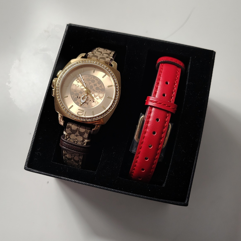 Coach Boyfriend Gold Watch with Red Strap